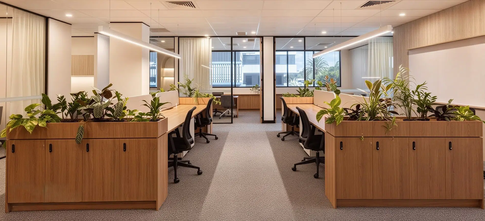 Premium commercial office interior with workstation planning and ceiling lighting